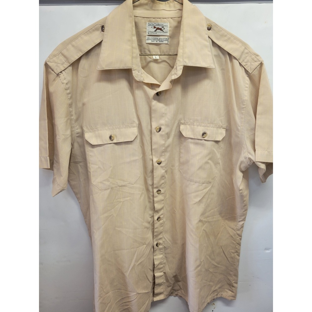 Vtg The Fox Collection Shirt Men L Beige Stripe Short Sleeve Button Down